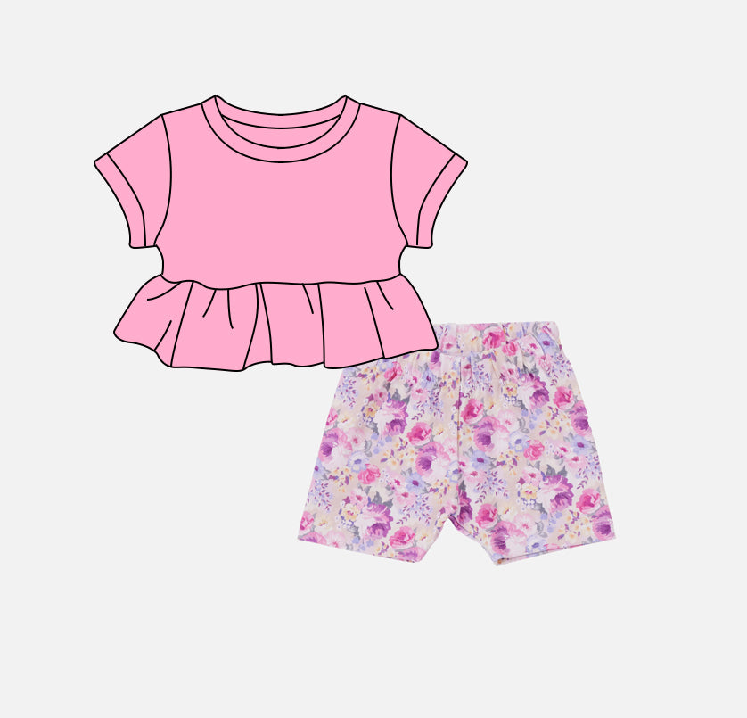 Pink short sleeves ruffle top floral shorts girls clothing