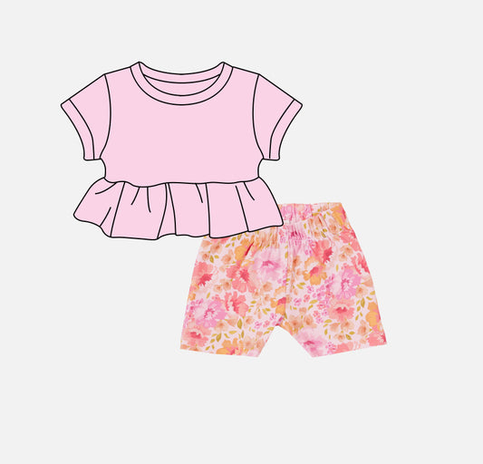 Pink short sleeves ruffle top floral shorts girls outfits