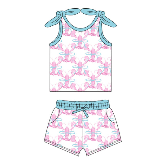 Sleeveless pink crawfish bow baby girls clothing