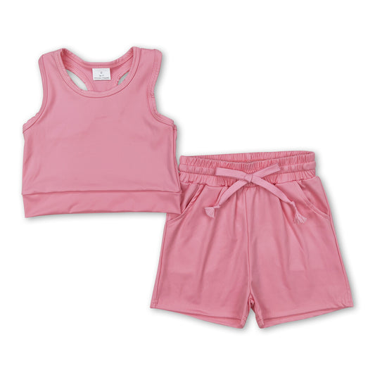 Sleeveless dark pink top pockets shorts girls active wear clothes