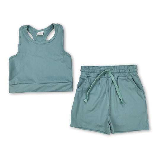 Sleeveless olive top pockets shorts girls active wear clothes