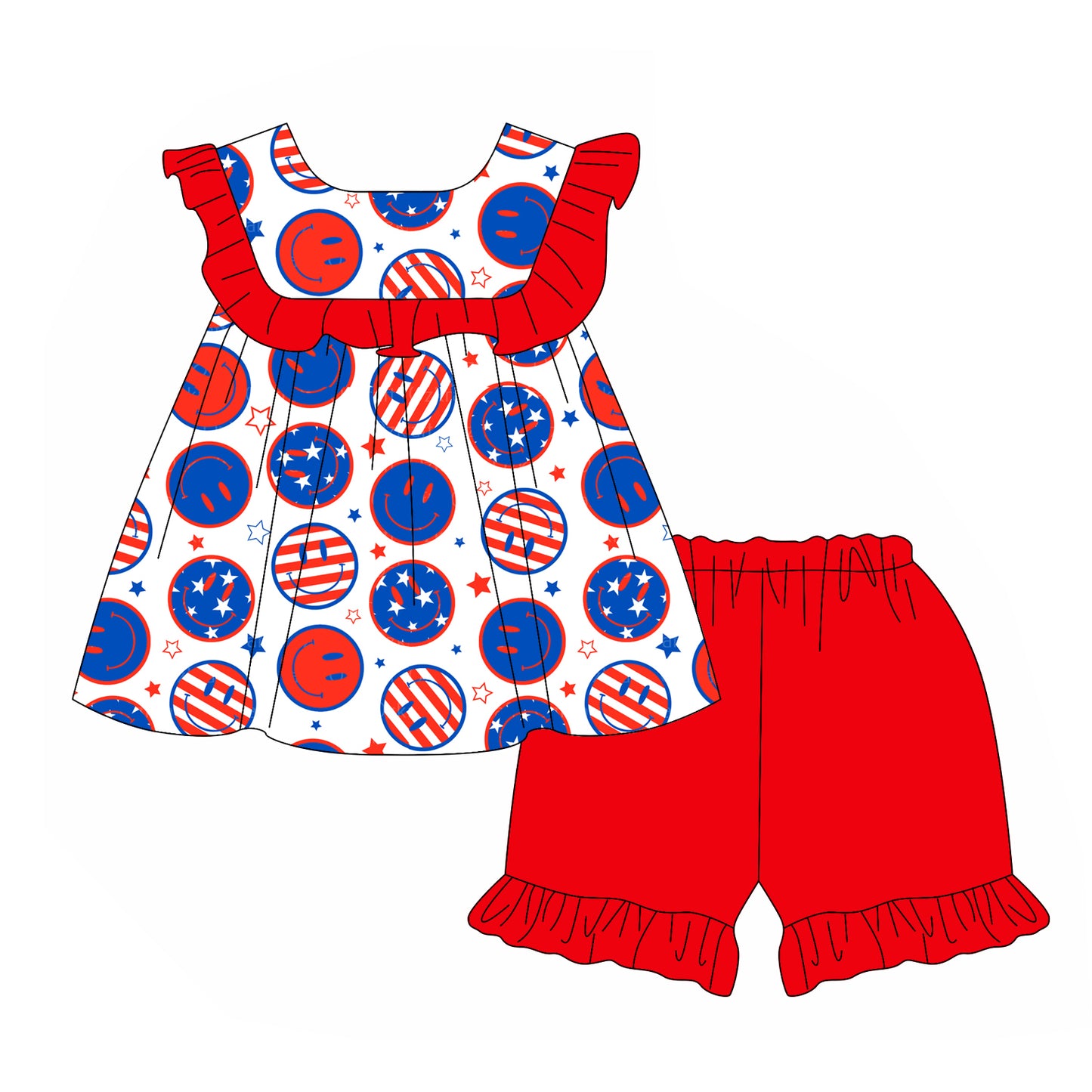 Red ruffle stars stripe smile kids girls 4th of july outfits