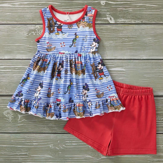 Sleeveless stripe anchor mouse tunic shorts girls clothes