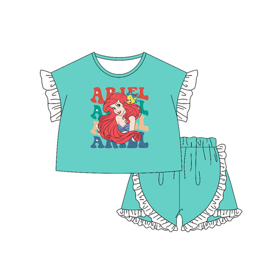 Short sleeves ruffle green princess top shorts girls clothes