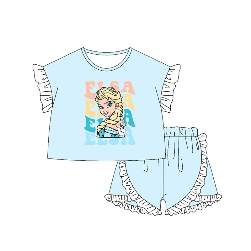 Short sleeves ruffle light blue princess top shorts girls clothes