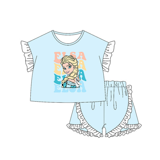 Short sleeves ruffle light blue princess top shorts girls clothes