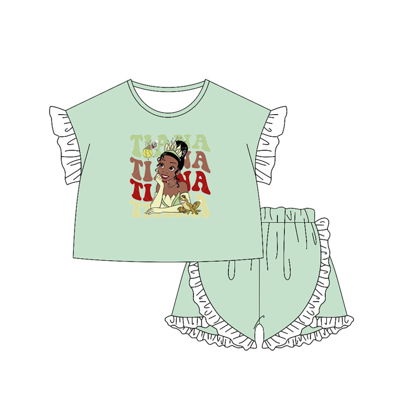Short sleeves ruffle green princess top shorts girls clothes