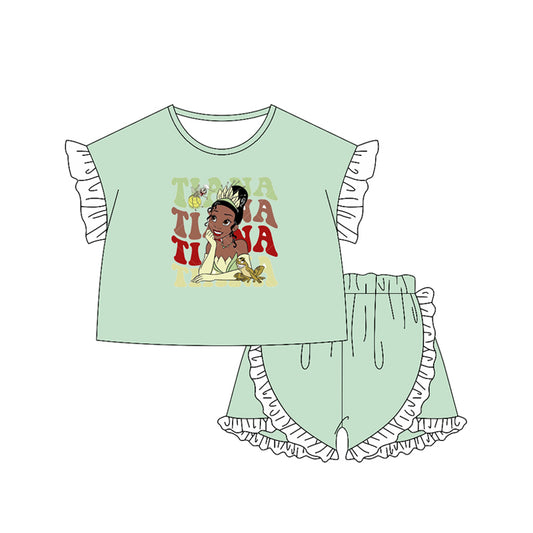 Short sleeves ruffle green princess top shorts girls clothes