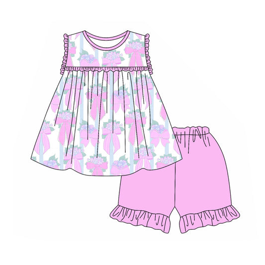 Sleeveless pink floral bow tunic shorts girls clothing