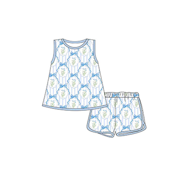 Light blue sleeveless stripe floral kids girls clothing set