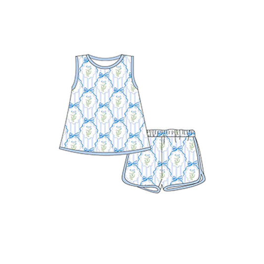 Light blue sleeveless stripe floral kids girls clothing set
