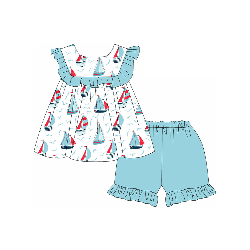 Light blue ruffle boat tunic shorts girls summer clothes