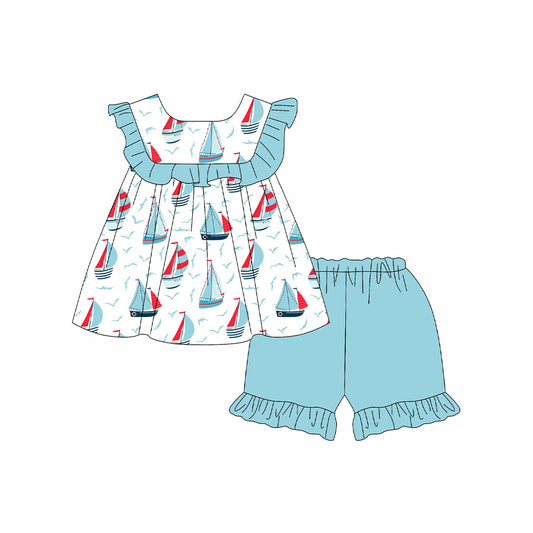 Light blue ruffle boat tunic shorts girls summer clothes