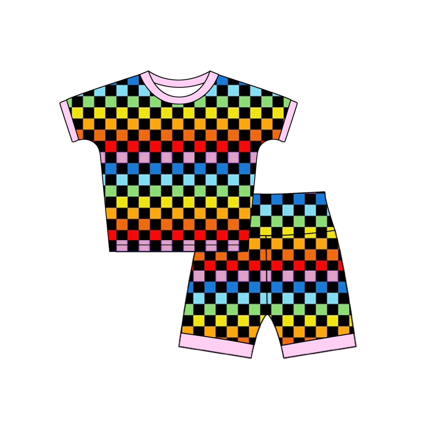 Short sleeves colorful plaid top shorts kids girls clothing