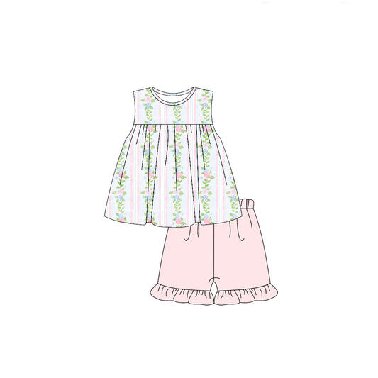 Sleeveless floral stripe tunic shorts girls summer clothing