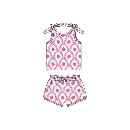 Sleeveless pink strawberry baby girls summer outfits