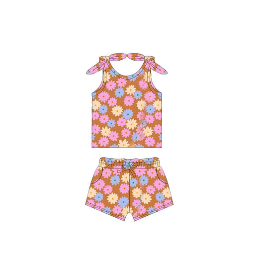 Sleeveless light blue pink floral baby girls summer outfits