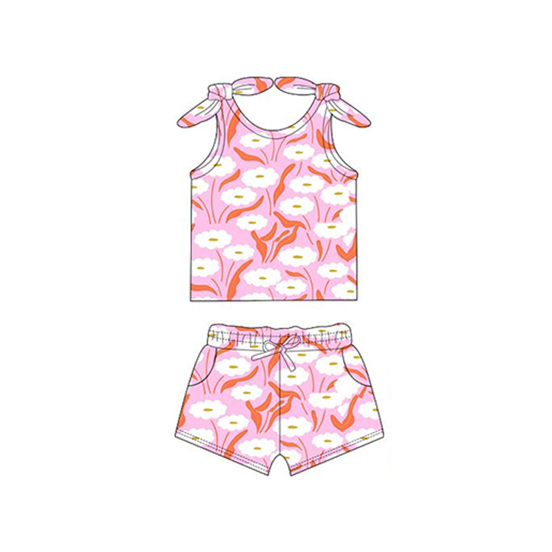Sleeveless pink white floral baby girls summer outfits
