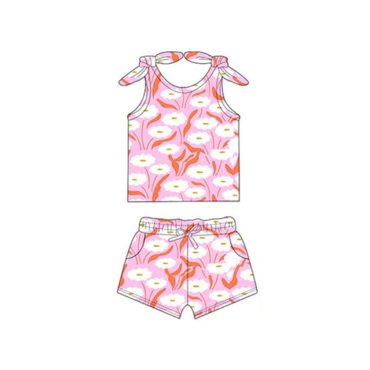 Sleeveless pink white floral baby girls summer outfits