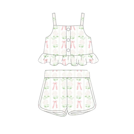 Straps green leaves floral bow crop top shorts girls clothing