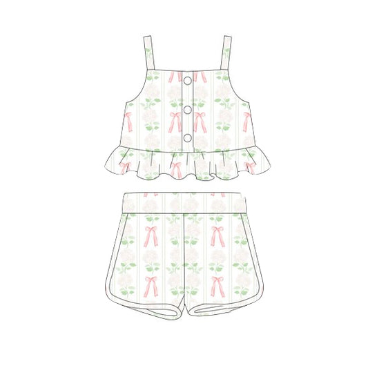 Straps green leaves floral bow crop top shorts girls clothing