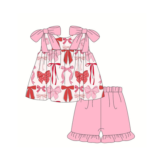 Pink straps heart bow tunic ruffle shorts girls clothes