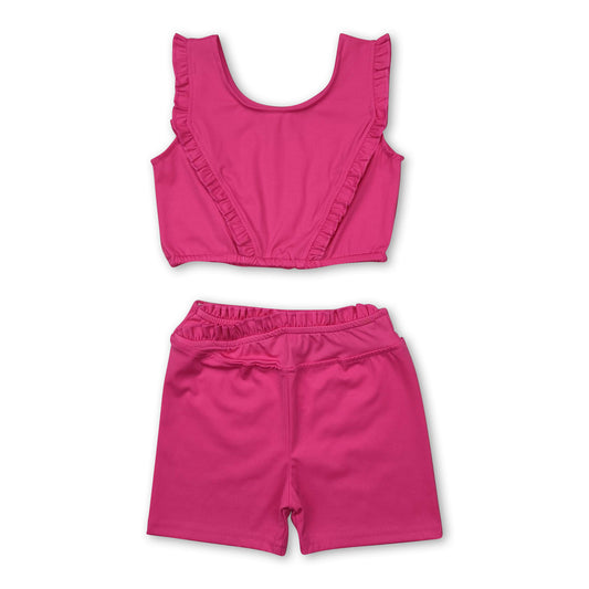 Hot pink ruffle crop top shorts girls yoga outfits