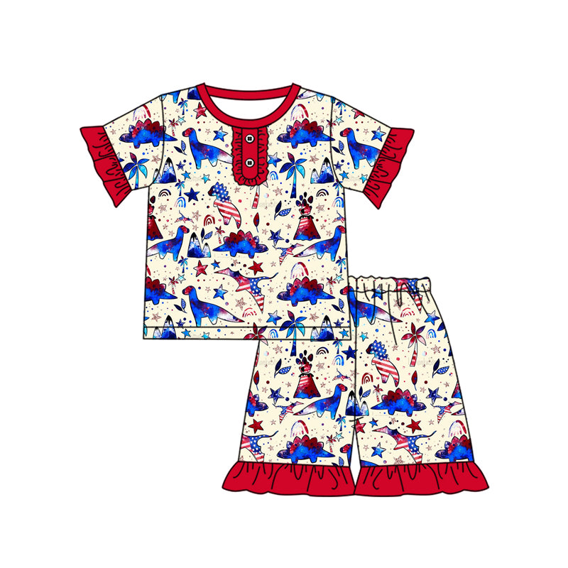 Red blue dinosaur ruffle kids girls 4th of july pajamas
