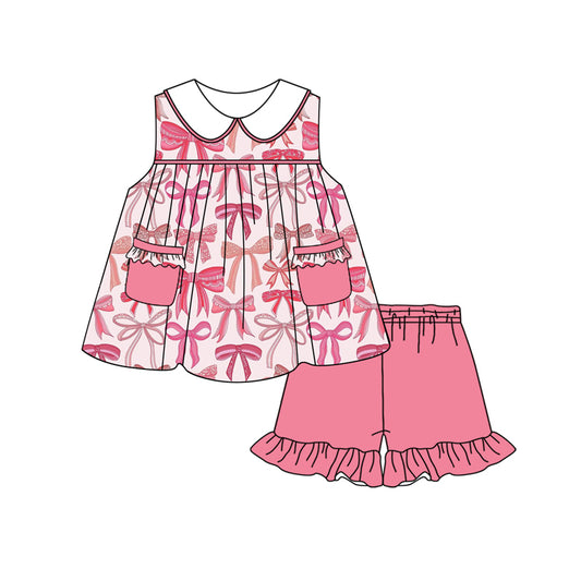 Sleeveless pink bow pocket tunic shorts girls clothes