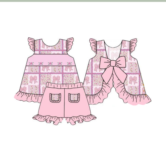 Flutter sleeves bow floral patchwork girls summer outfits