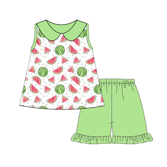 Green sleeveless watermelon top ruffle shorts girls summer clothes