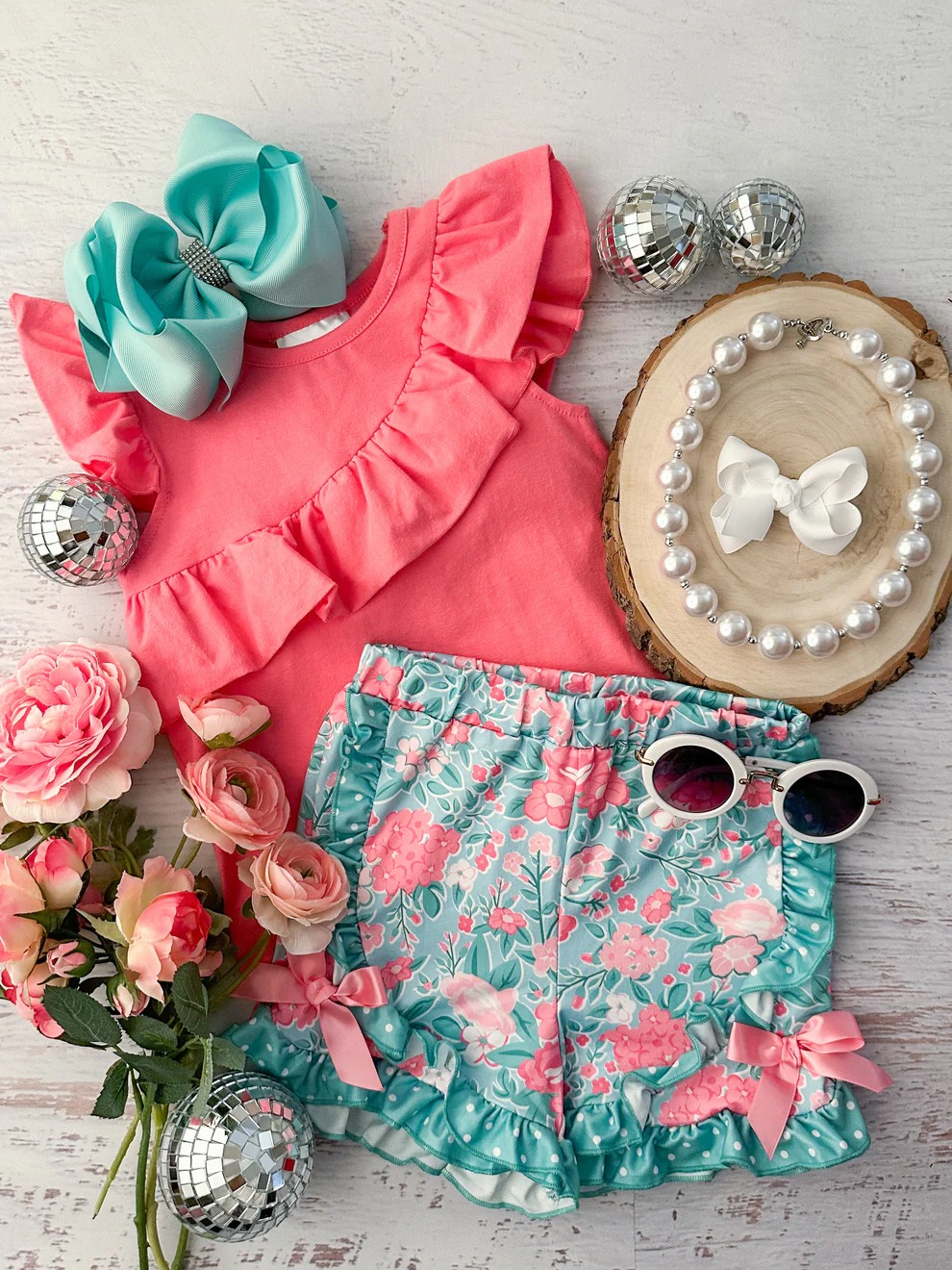 Flutter sleeves ruffle top floral shorts girls clothing set