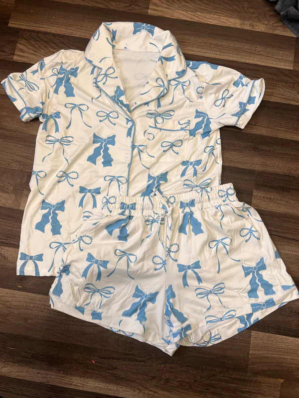 Short sleeves blue bow kids girls button down pajamas
