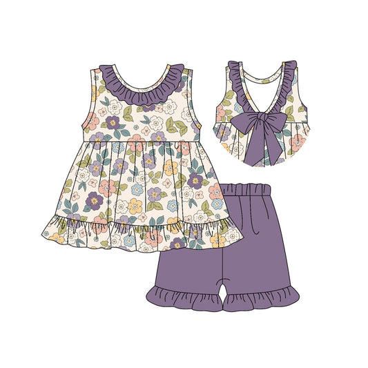 Sleeveless ruffle floral tunic shorts kids girls summer clothes