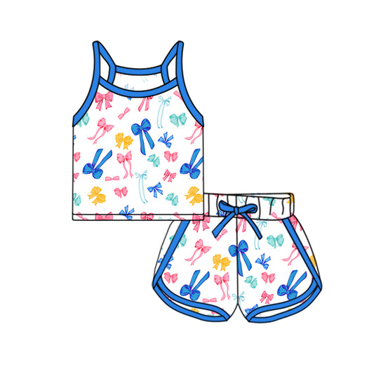 Blue straps colorful bow top shorts kids girls outfits