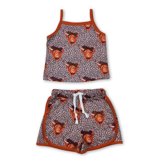 Straps leopard highland cow top shorts western girls outfits