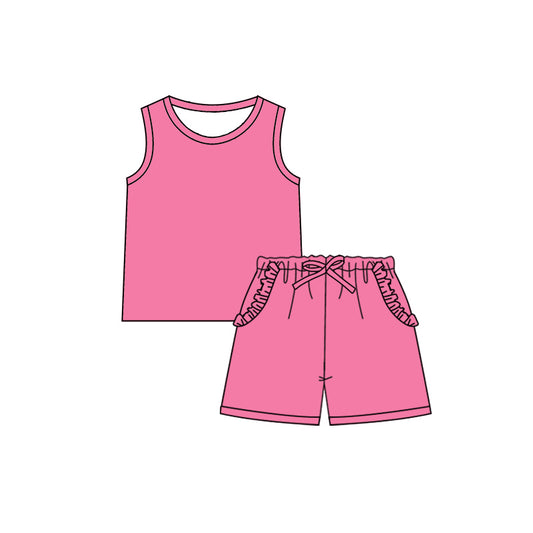 Pink sleeveless top ruffle pockets shorts girls summer clothes