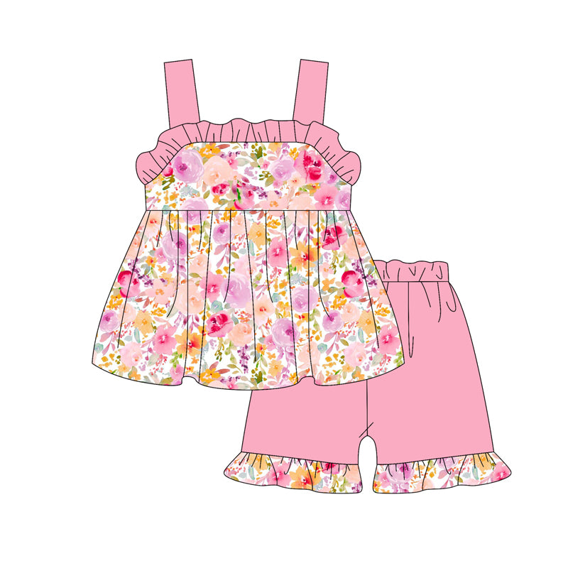 Pink straps ruffle floral tunic shorts girls clothing set