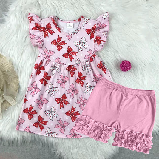 Flutter sleeves pink red bow tunic shorts girls clothes