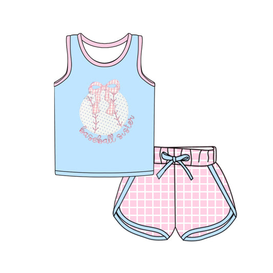 Sleeveless baseball sister top plaid shorts girls clothing