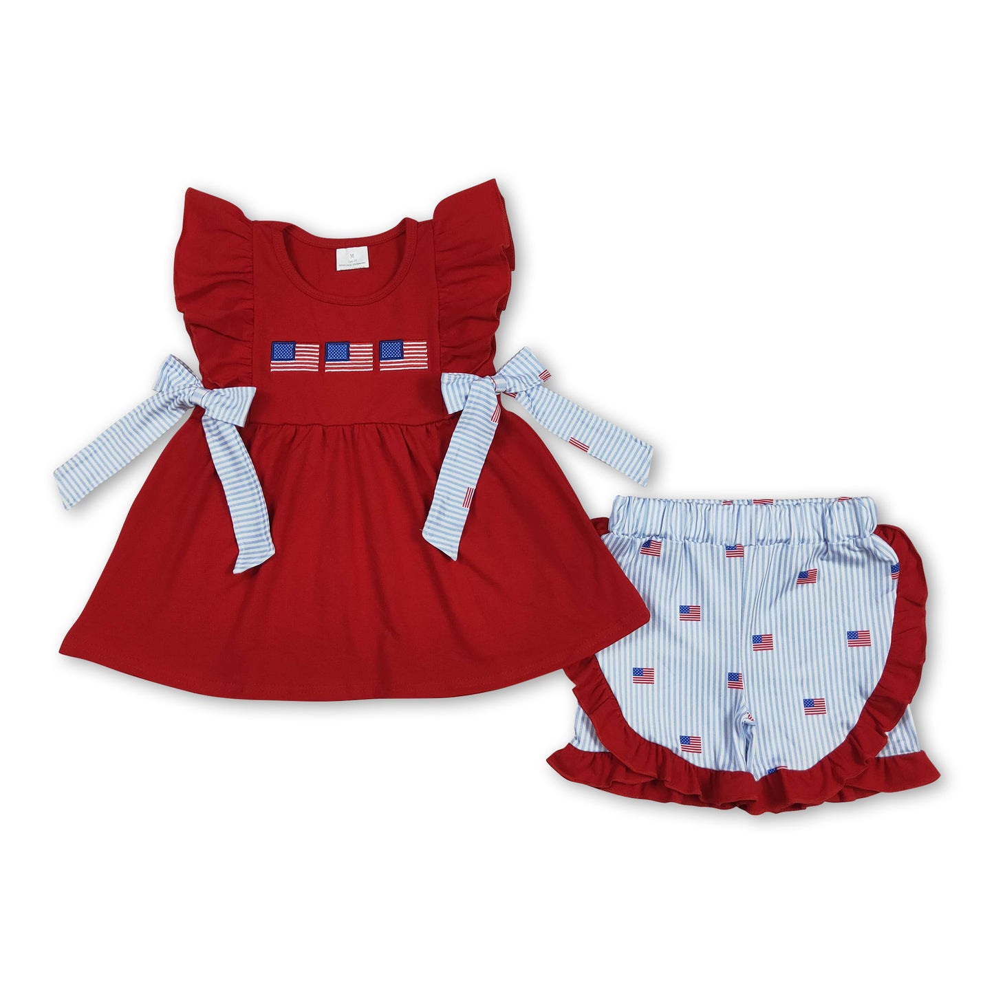 Red flutter sleeves flag tunic shorts girls 4th of july outfits
