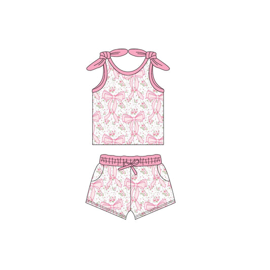 Sleeveless pink bow floral top shorts girls clothing set