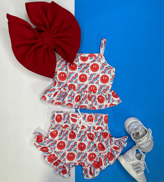 Straps red blue plaid smile girls 4th of july clothing