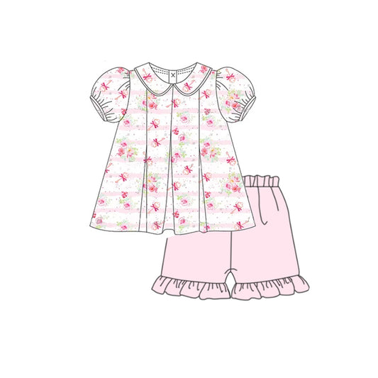 Short sleeves stripe floral tunic ruffle shorts girls clothes