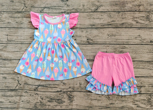 Flutter sleeves ice cream tunic shorts girls summer clothes