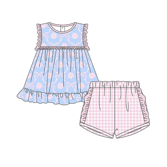 Sleeveless bow floral tunic ruffle plaid shorts girls clothing