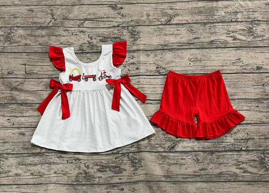 Stripe cars tunic ruffle shorts kids girls clothing set