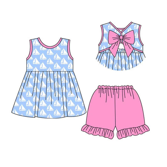 Sleeveless boat bow tunic ruffle shorts girls summer clothes