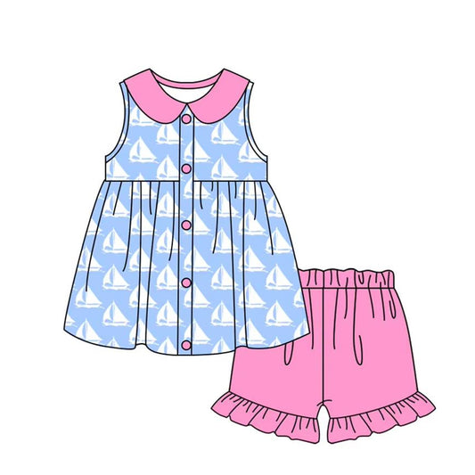 Sleeveless boat button tunic shorts girls summer clothes