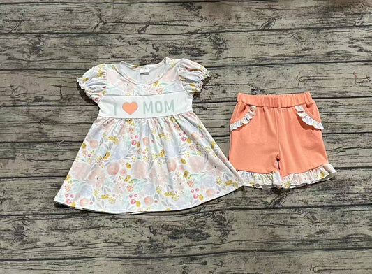 Short sleeves I love MOM floral tunic shorts girls clothes